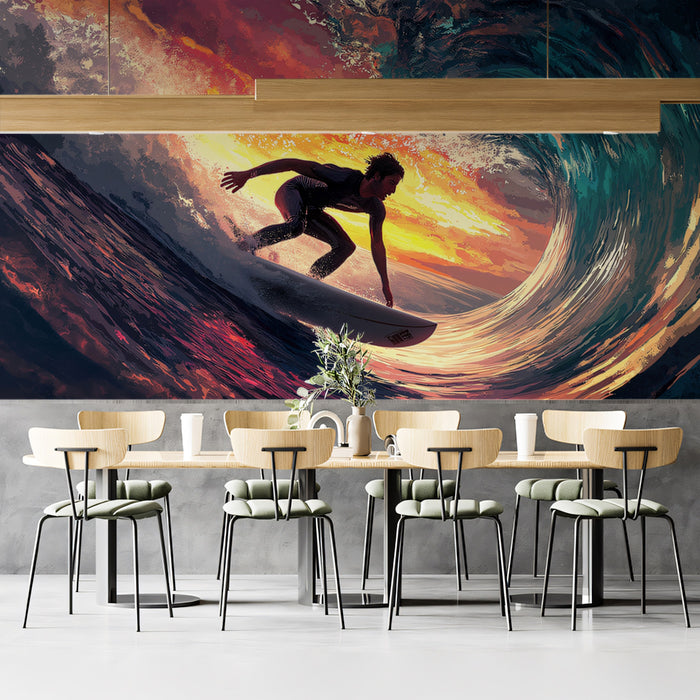 Dramatic Sunset Barrel Wave Surfing Mural Wallpaper | Fiery Sky, Silhouetted Surfer, Intense Ocean Colors