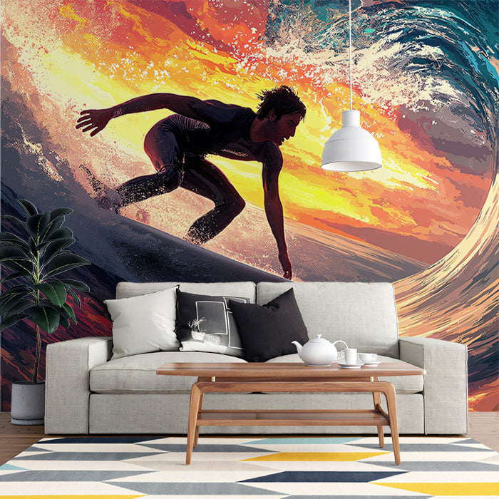 Dramatic Sunset Barrel Wave Surfing Mural Wallpaper | Fiery Sky, Silhouetted Surfer, Intense Ocean Colors