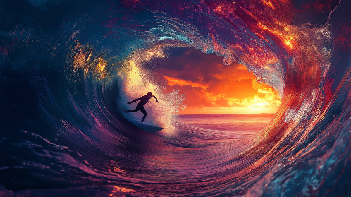 Neon Sunset Barrel Wave Mural Wallpaper | Purple and Orange Hues, Surfer Silhouette, High-Energy Dreamscape