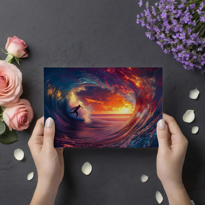 Neon Sunset Barrel Wave Mural Wallpaper | Purple and Orange Hues, Surfer Silhouette, High-Energy Dreamscape