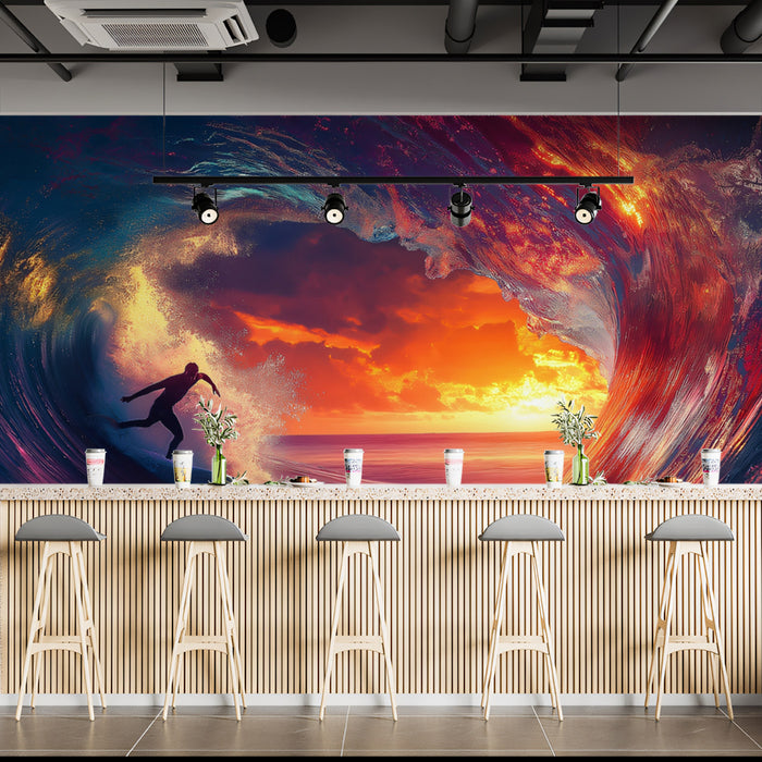 Neon Sunset Barrel Wave Mural Wallpaper | Purple and Orange Hues, Surfer Silhouette, High-Energy Dreamscape