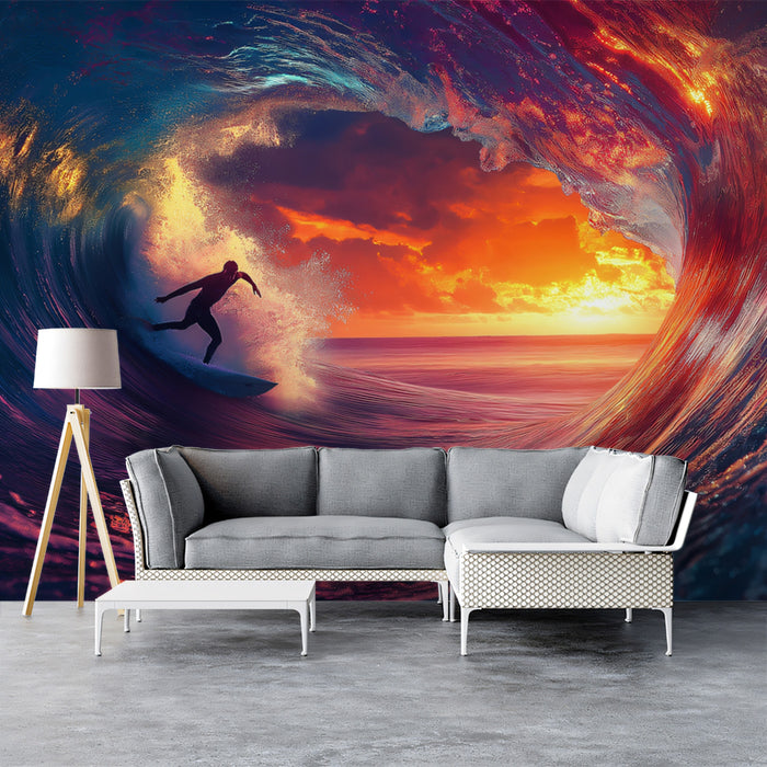 Neon Sunset Barrel Wave Mural Wallpaper | Purple and Orange Hues, Surfer Silhouette, High-Energy Dreamscape