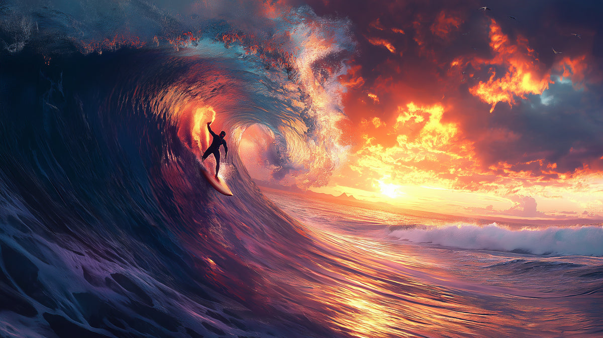 Explosive Sunset Surfing Mural Wallpaper | Fiery Sky, Majestic Wave, Silhouette Action Art