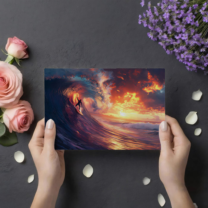 Explosive Sunset Surfing Mural Wallpaper | Fiery Sky, Majestic Wave, Silhouette Action Art