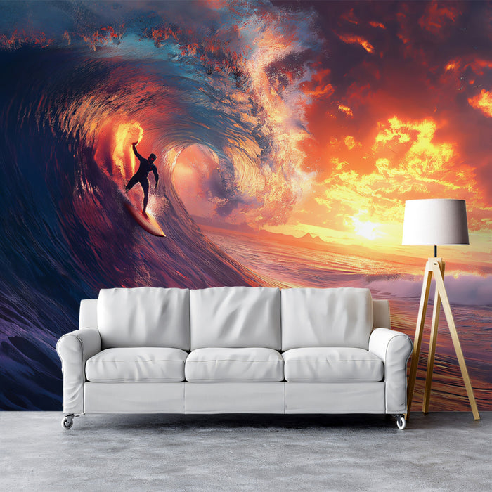 Explosive Sunset Surfing Mural Wallpaper | Fiery Sky, Majestic Wave, Silhouette Action Art