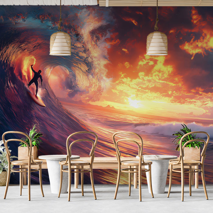 Explosive Sunset Surfing Mural Wallpaper | Fiery Sky, Majestic Wave, Silhouette Action Art