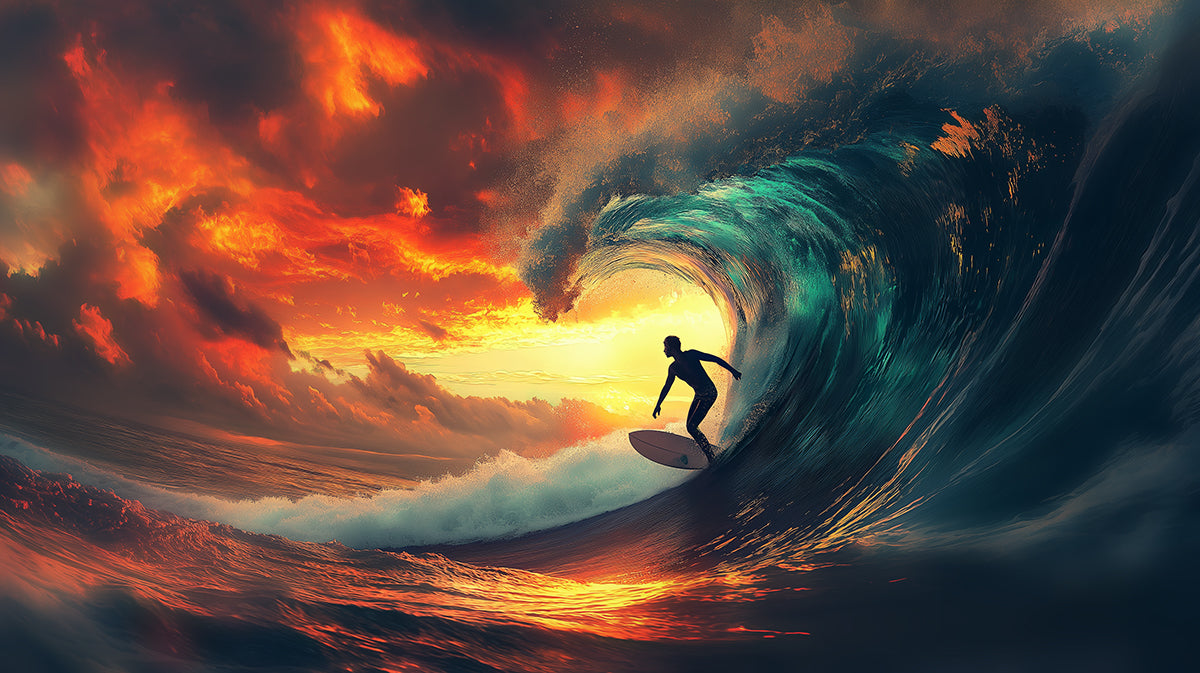 Fiery Barrel Wave Surreal Surfing Mural Wallpaper | Abstract Ocean, Glowing Sky, Dynamic Silhouette