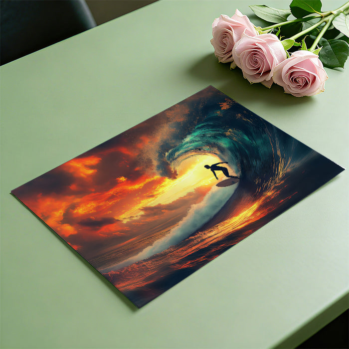 Fiery Barrel Wave Surreal Surfing Mural Wallpaper | Abstract Ocean, Glowing Sky, Dynamic Silhouette