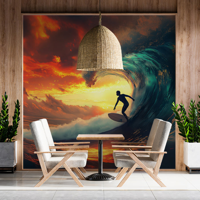 Fiery Barrel Wave Surreal Surfing Mural Wallpaper | Abstract Ocean, Glowing Sky, Dynamic Silhouette