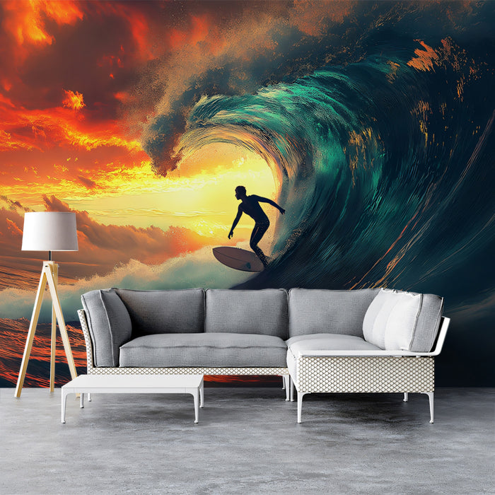 Fiery Barrel Wave Surreal Surfing Mural Wallpaper | Abstract Ocean, Glowing Sky, Dynamic Silhouette