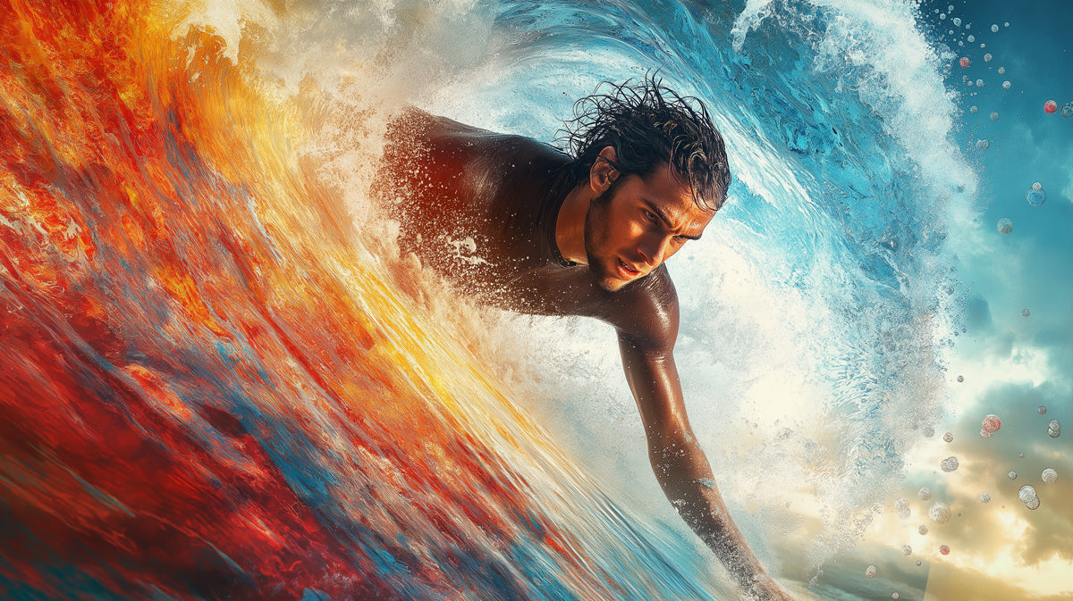 Dynamic Surfer Barrel Close-up Mural Wallpaper | Elemental Colors, High-Action Realism, Vibrant Water