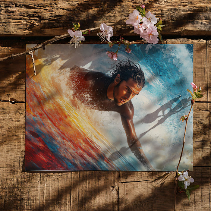 Dynamic Surfer Barrel Close-up Mural Wallpaper | Elemental Colors, High-Action Realism, Vibrant Water