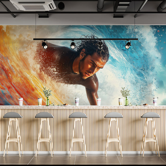 Dynamic Surfer Barrel Close-up Mural Wallpaper | Elemental Colors, High-Action Realism, Vibrant Water