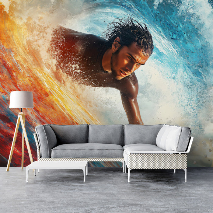 Dynamic Surfer Barrel Close-up Mural Wallpaper | Elemental Colors, High-Action Realism, Vibrant Water