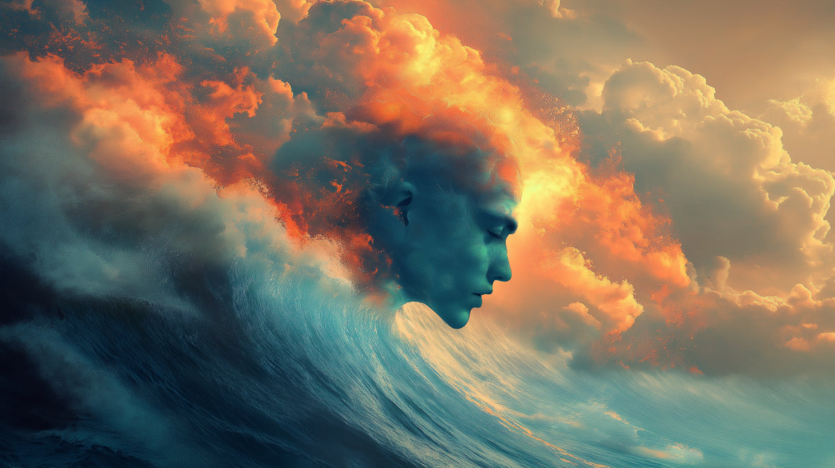 Surreal Elemental Head Wave Mural Wallpaper | Fiery Clouds, Blue Face, Abstract Dreamlike Ocean