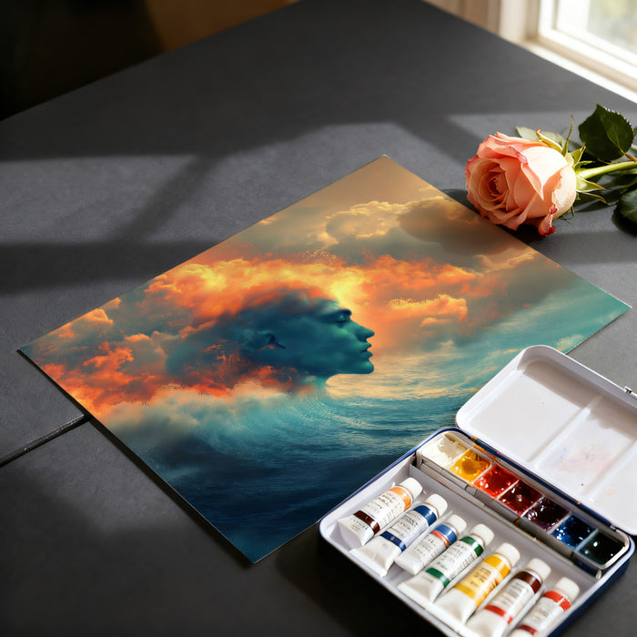 Surreal Elemental Head Wave Mural Wallpaper | Fiery Clouds, Blue Face, Abstract Dreamlike Ocean