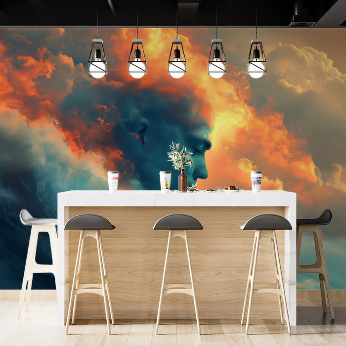 Surreal Elemental Head Wave Mural Wallpaper | Fiery Clouds, Blue Face, Abstract Dreamlike Ocean