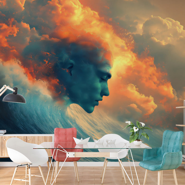 Surreal Elemental Head Wave Mural Wallpaper | Fiery Clouds, Blue Face, Abstract Dreamlike Ocean