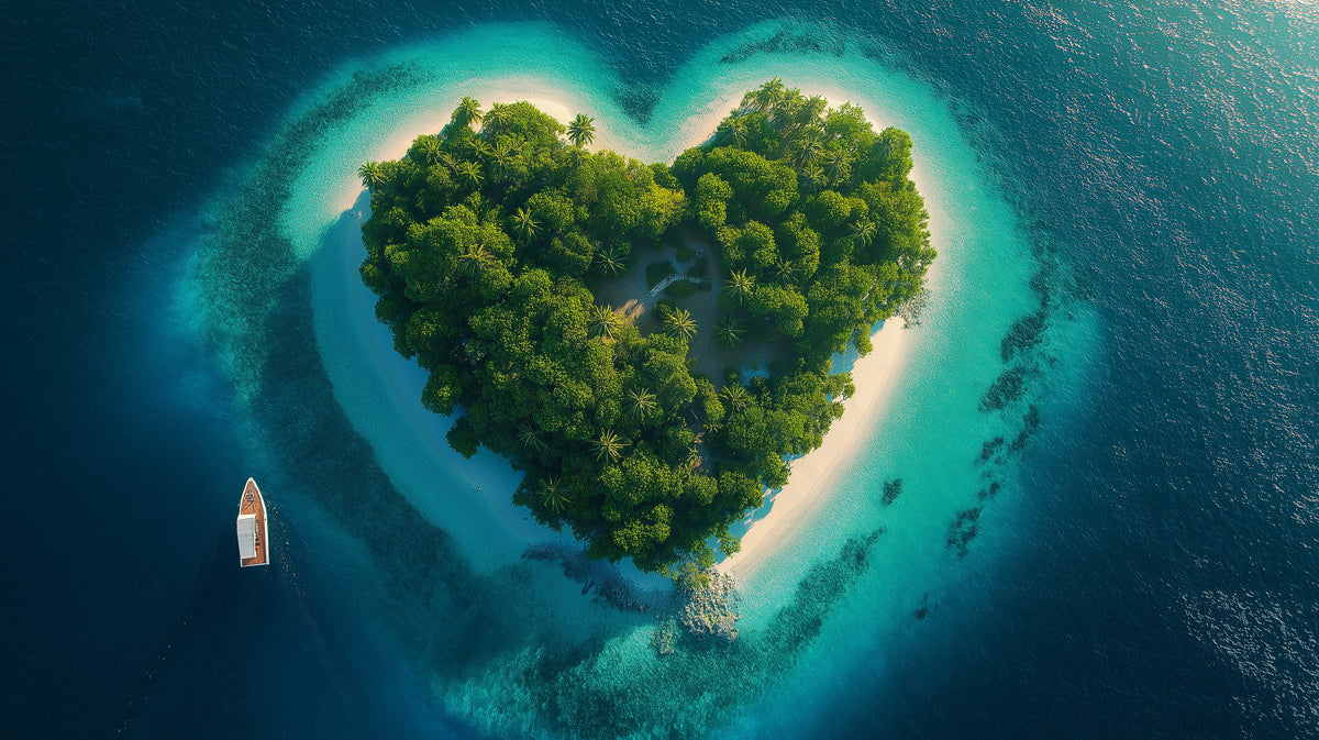 Heart-Shaped Island Aerial View Mural Wallpaper | Tropical Paradise, Turquoise Waters, Romantic Seascape