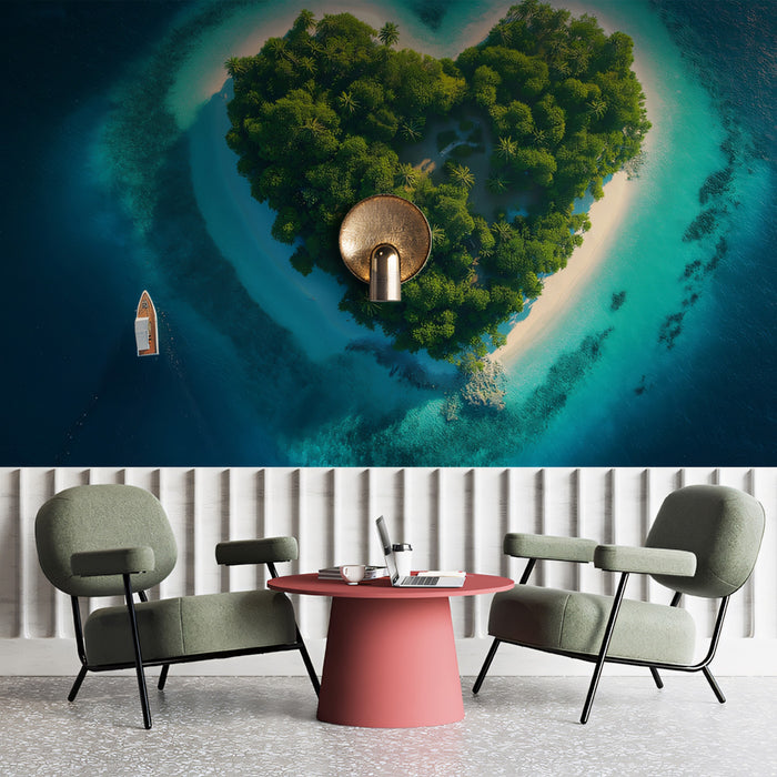 Heart-Shaped Island Aerial View Mural Wallpaper | Tropical Paradise, Turquoise Waters, Romantic Seascape