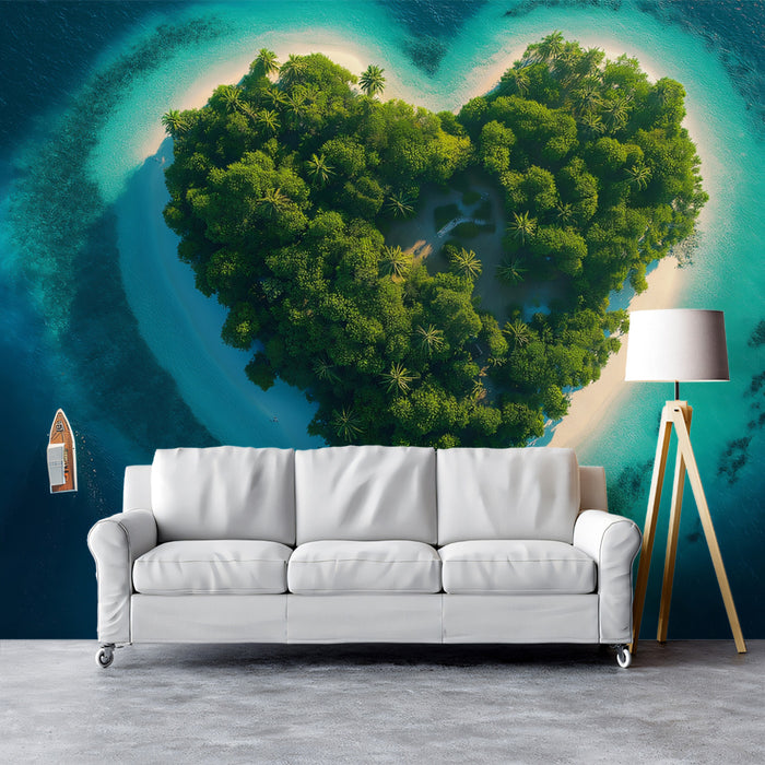 Heart-Shaped Island Aerial View Mural Wallpaper | Tropical Paradise, Turquoise Waters, Romantic Seascape