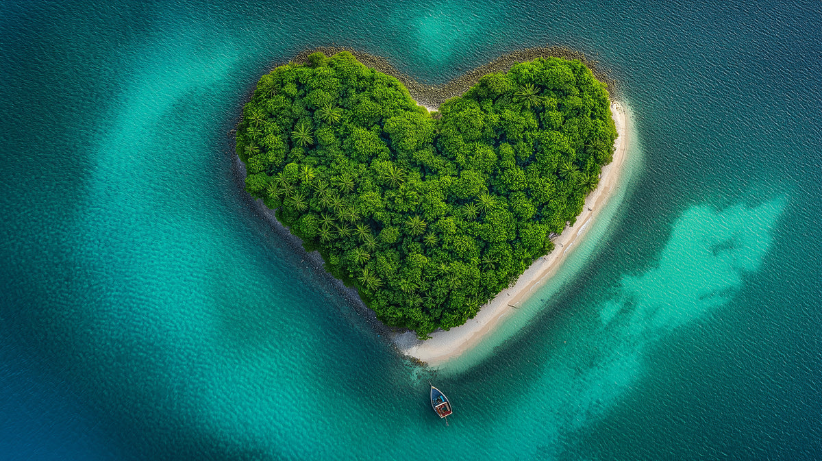 Heart-Shaped Island Tropical Paradise Mural Wallpaper | Vibrant Green, Clear Turquoise, Nature's Love