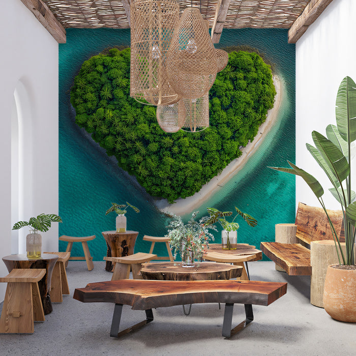 Heart-Shaped Island Tropical Paradise Mural Wallpaper | Vibrant Green, Clear Turquoise, Nature's Love