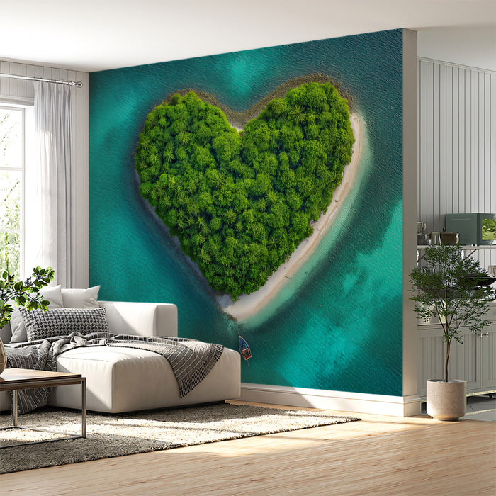 Heart-Shaped Island Tropical Paradise Mural Wallpaper | Vibrant Green, Clear Turquoise, Nature's Love