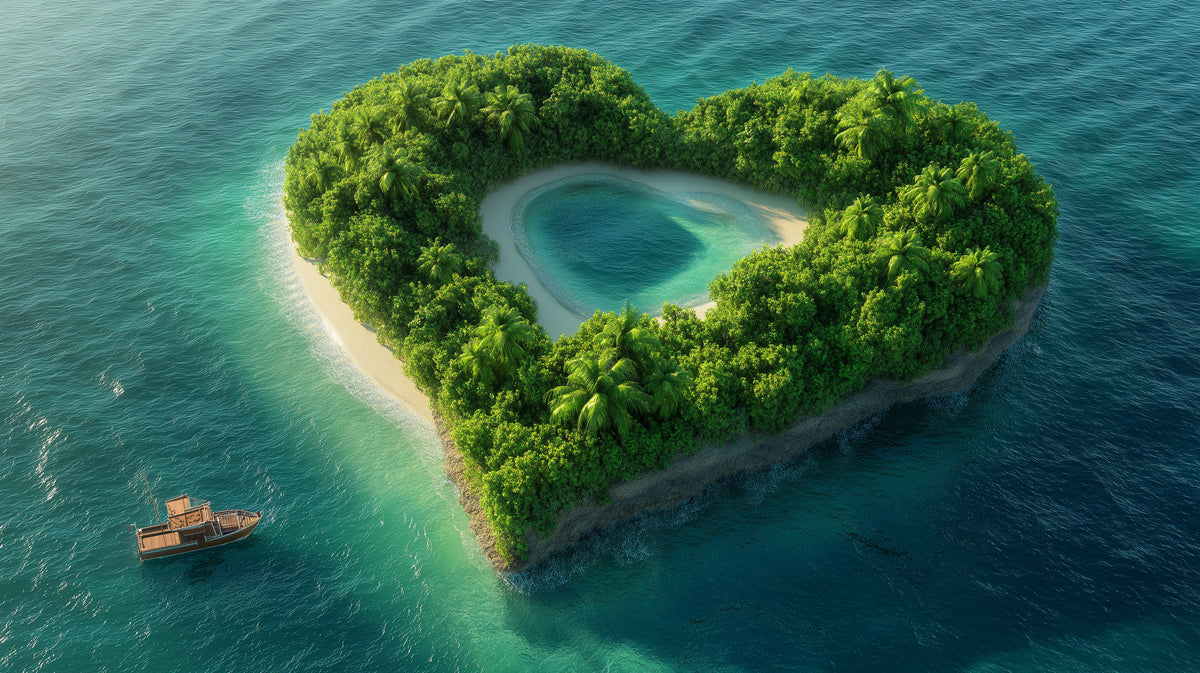 Heart-Shaped Lagoon Island Mural Wallpaper | Inner Lake, Lush Greenery, Exotic Tropical Escape