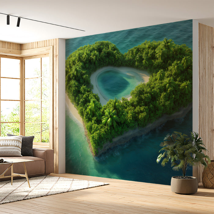 Heart-Shaped Lagoon Island Mural Wallpaper | Inner Lake, Lush Greenery, Exotic Tropical Escape