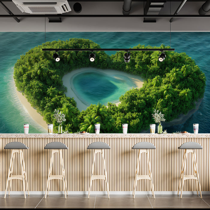 Heart-Shaped Lagoon Island Mural Wallpaper | Inner Lake, Lush Greenery, Exotic Tropical Escape
