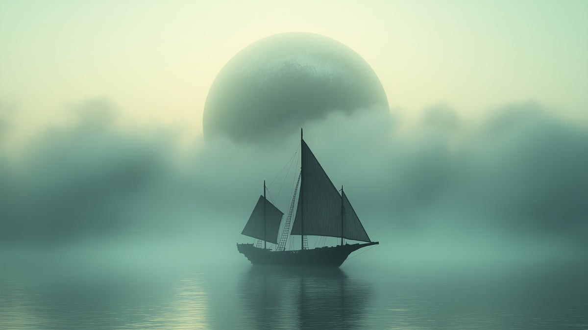 Foggy Mystic Ship Mural Wallpaper | Surreal Seascape, Moon Silhouette, Cool Teal and Gold Tones