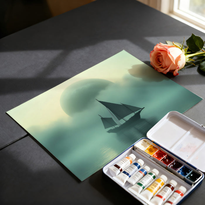 Foggy Mystic Ship Mural Wallpaper | Surreal Seascape, Moon Silhouette, Cool Teal and Gold Tones