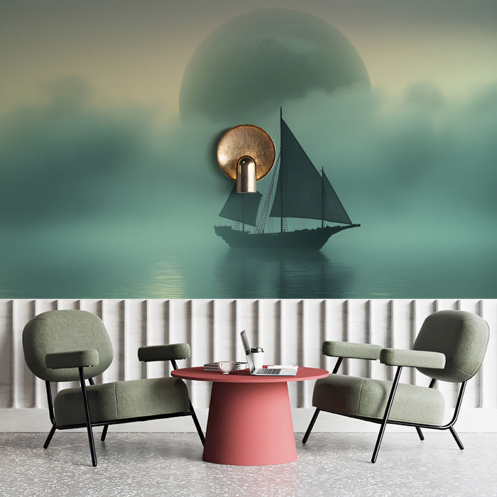 Foggy Mystic Ship Mural Wallpaper | Surreal Seascape, Moon Silhouette, Cool Teal and Gold Tones