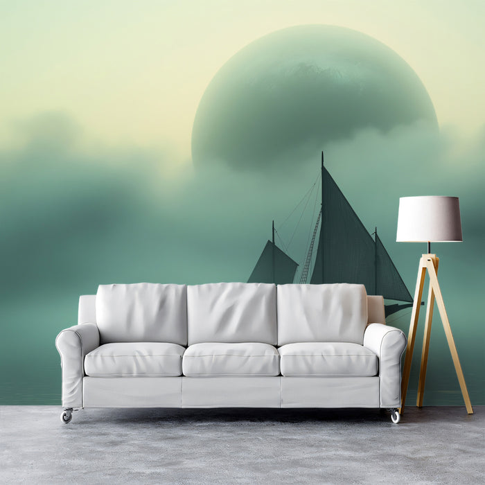 Foggy Mystic Ship Mural Wallpaper | Surreal Seascape, Moon Silhouette, Cool Teal and Gold Tones