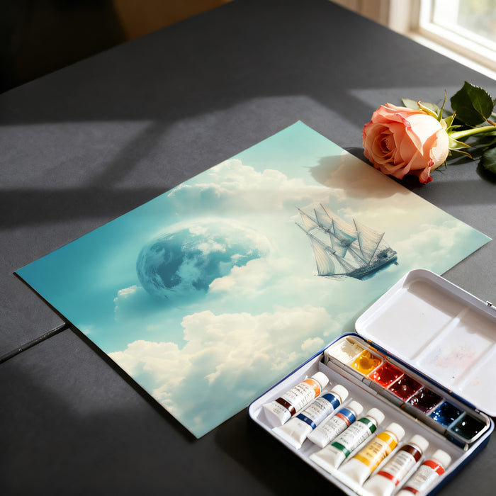 Sailing Ship in Sky Mural Wallpaper | Surreal Fantasy, Fluffy Clouds, Celestial Ocean View