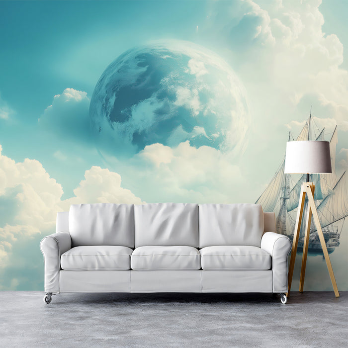Sailing Ship in Sky Mural Wallpaper | Surreal Fantasy, Fluffy Clouds, Celestial Ocean View