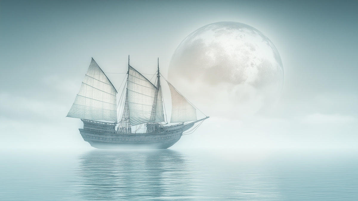 Asian Junk in Mist Mural Wallpaper | Surreal Moonscape, Foggy Water, Cool Tones Seascape