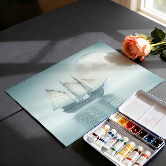 Asian Junk in Mist Mural Wallpaper | Surreal Moonscape, Foggy Water, Cool Tones Seascape