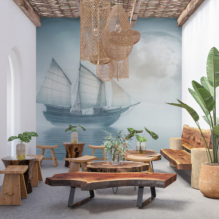 Asian Junk in Mist Mural Wallpaper | Surreal Moonscape, Foggy Water, Cool Tones Seascape