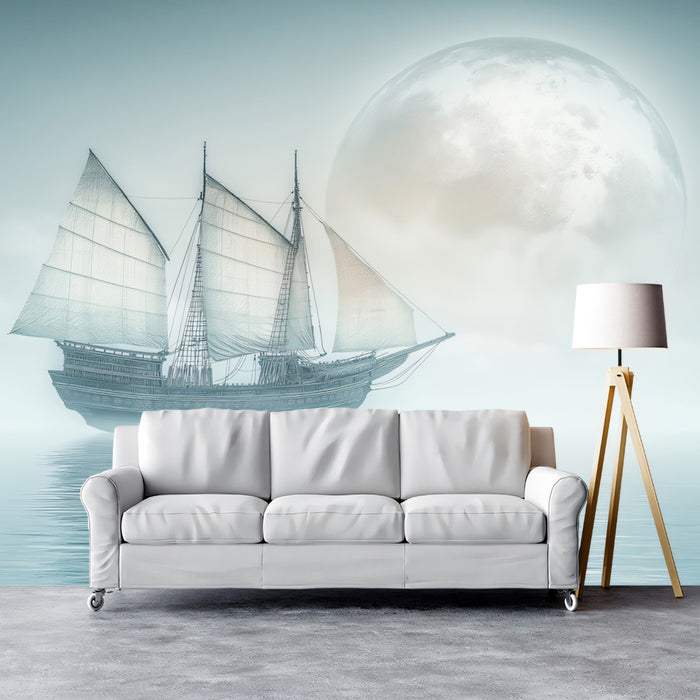 Asian Junk in Mist Mural Wallpaper | Surreal Moonscape, Foggy Water, Cool Tones Seascape