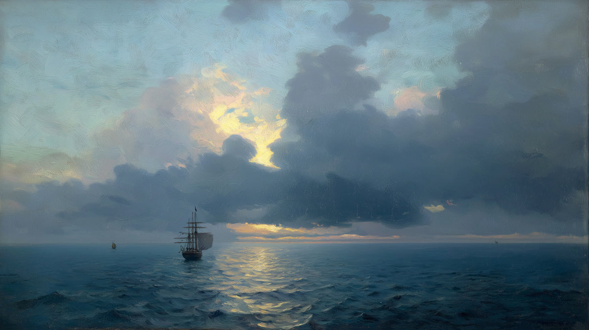 Old Master Sunset Seascape Mural Wallpaper | Dramatic Clouds, Oil Painting Texture, Golden Water Reflection