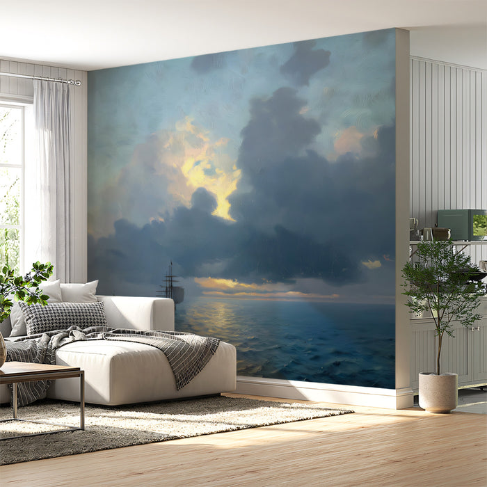Old Master Sunset Seascape Mural Wallpaper | Dramatic Clouds, Oil Painting Texture, Golden Water Reflection
