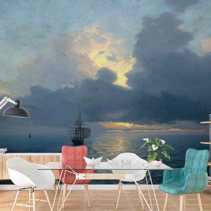 Old Master Sunset Seascape Mural Wallpaper | Dramatic Clouds, Oil Painting Texture, Golden Water Reflection