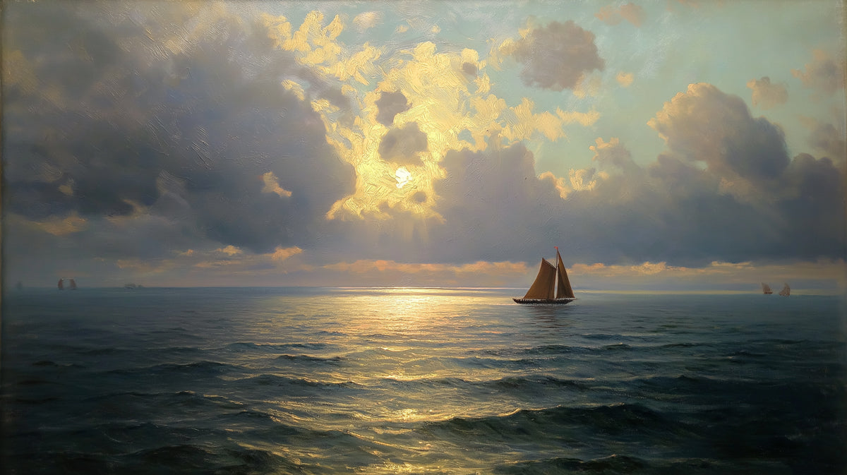 Sailing Ship Golden Sunset Mural Wallpaper | Dramatic Light Rays, Cloudy Sky, Warm Tones Oil Painting