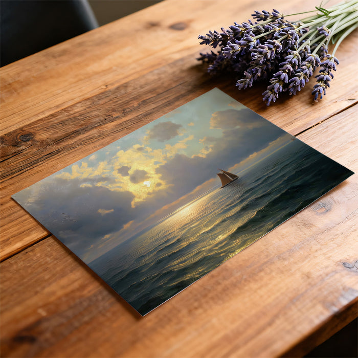 Sailing Ship Golden Sunset Mural Wallpaper | Dramatic Light Rays, Cloudy Sky, Warm Tones Oil Painting