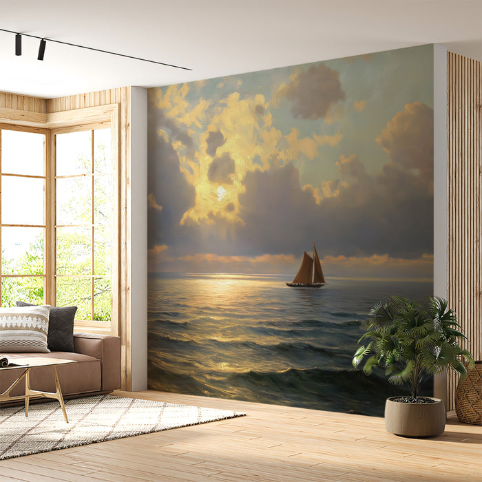 Sailing Ship Golden Sunset Mural Wallpaper | Dramatic Light Rays, Cloudy Sky, Warm Tones Oil Painting