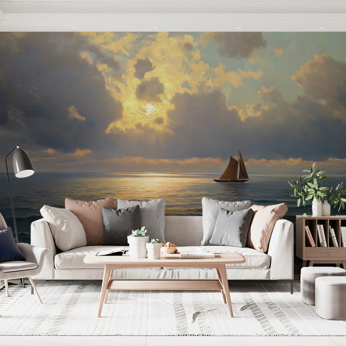 Sailing Ship Golden Sunset Mural Wallpaper | Dramatic Light Rays, Cloudy Sky, Warm Tones Oil Painting