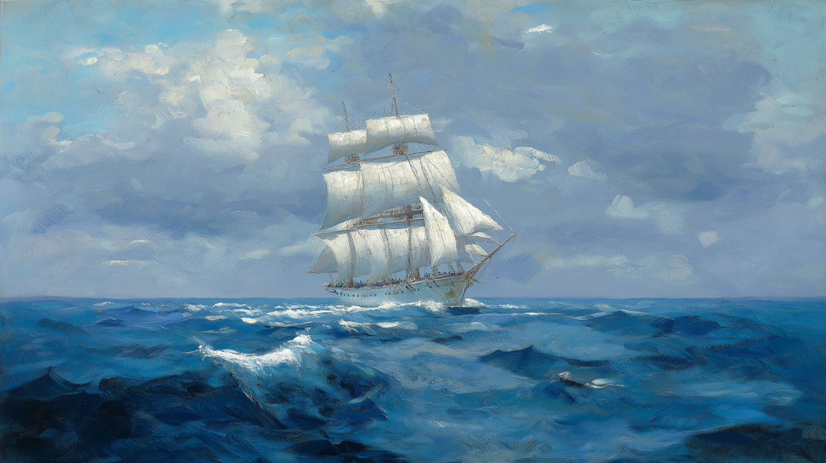 Tall Ship Rough Seas Mural Wallpaper | Classic Oil Painting, Blue and White Contrast, Nautical Adventure