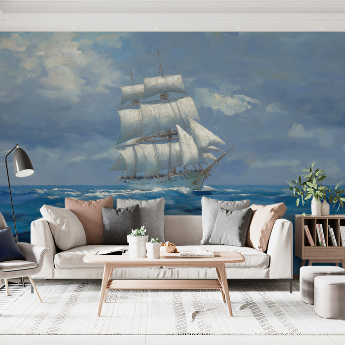 Tall Ship Rough Seas Mural Wallpaper | Classic Oil Painting, Blue and White Contrast, Nautical Adventure